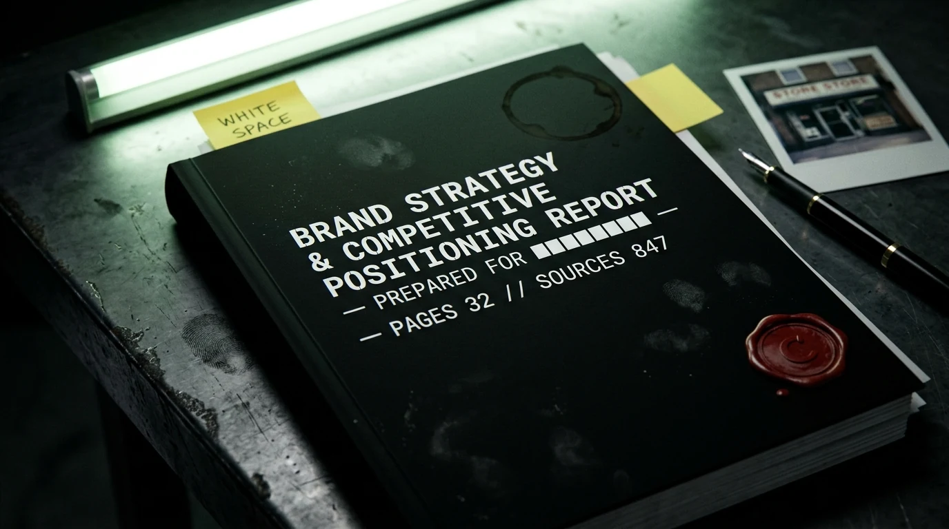 Brand Strategy & Competitive Positioning Report — actual photograph of the bound deliverable
